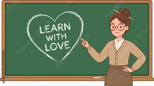 A friendly teacher points to a heart-shaped message reading 'Learn With Love' written on a green chalkboard in a classroom setting.