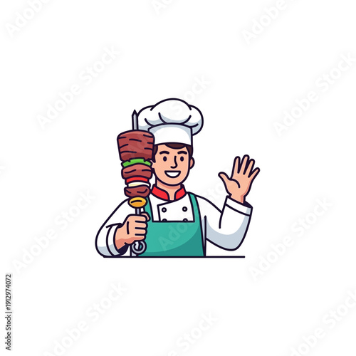 Smiling Chef Holding Doner Kebab Skewer Waving Hand