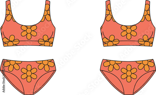 Pink Two-Piece Swimsuit with Orange Flower Pattern, Summer Beachwear and Swimwear Vector