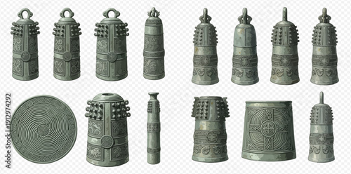 Set of ancient Chinese bronze bells and percussion instruments with intricate designs.