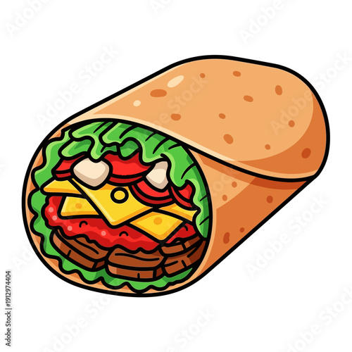 Cartoon Burrito with Cheese, Beef, Lettuce, Tomato, and Sauce