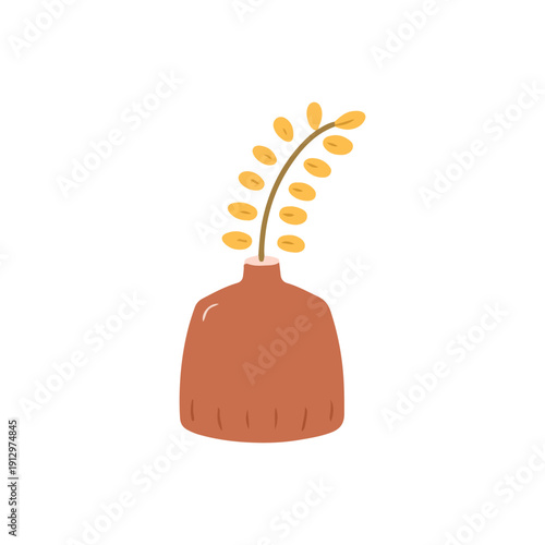 Yellow Leaf Branch in Brown Vase