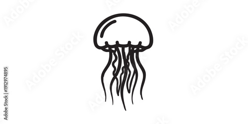 Black and white flat vector icon of a jellyfish with tentacles, minimal outline style, single centered composition, isolated on white background, clean design.