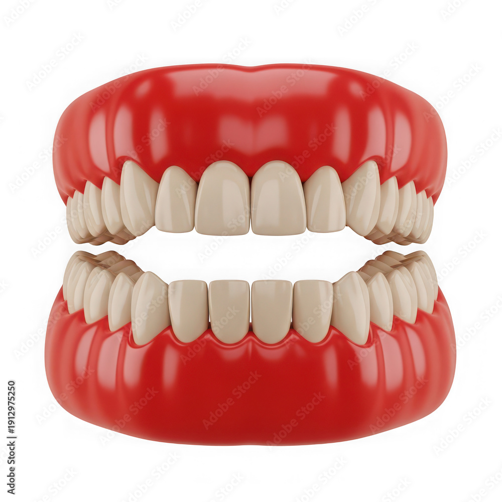 Obraz premium A pair of realistic artificial teeth with a red gum base on a white background