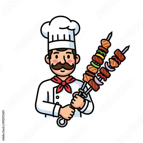 Cartoon Chef Holding Skewers with Grilled Meat and Vegetables
