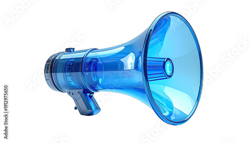 Striking 3D rendering of a transparent blue megaphone against a black background.