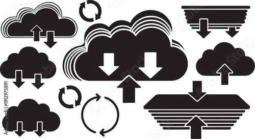 Cloud Computing Icons with Arrows and Data Transfer Symbols