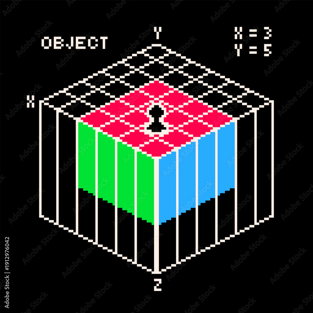 Fototapeta premium Experimental Chess System with Black Chess Placed on Top Grid and Interface Text, Pixel Art 8-bit System Concept