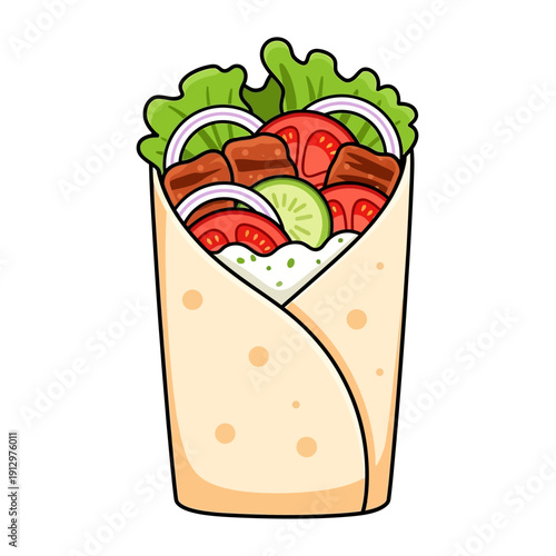 Cartoon Gyro Wrap with Meat, Lettuce, Tomato, Onion, Cucumber, and Sauce