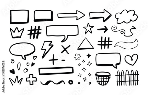 Collection of hand-drawn vector icons including speech bubbles, arrows and shapes