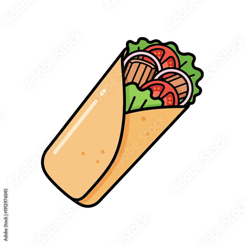 Cartoon Shawarma Wrap with Lettuce, Tomato, and Onion, Vector Illustration