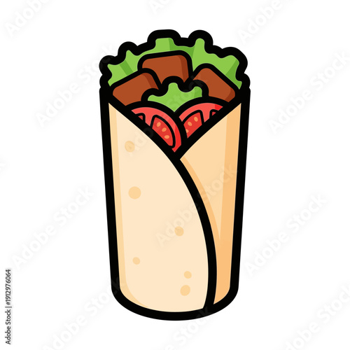 Cartoon Style Shawarma Wrap with Meat, Lettuce, and Tomatoes on White Background