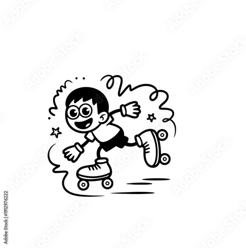 The guy plays the trick on the roller Skates. rides on one leg in a squat.
