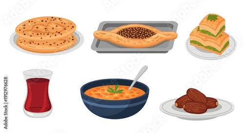 Ramadan Iftar Food Collection with Pide Bread Baklava Dates and Turkish Tea Vector Illustration