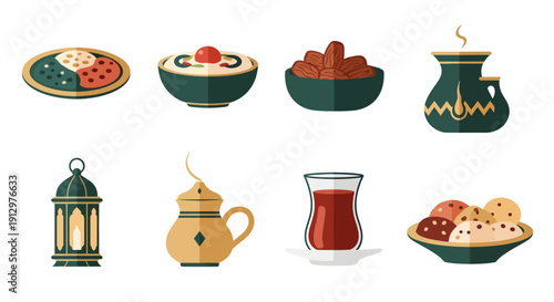 Ramadan Kareem Iftar Food and Culture Icons Set with Lantern, Dates, Tea, and Traditional Dishes