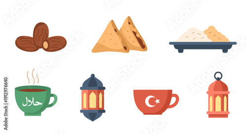 Ramadan Kareem Flat Icon Set with Dates, Samosa, Halal Coffee, and Arabic Lanterns