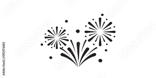 Black and white flat vector icon of fireworks bursting with rays and dots, minimal outline style, single centered composition, isolated on white background, clean design.