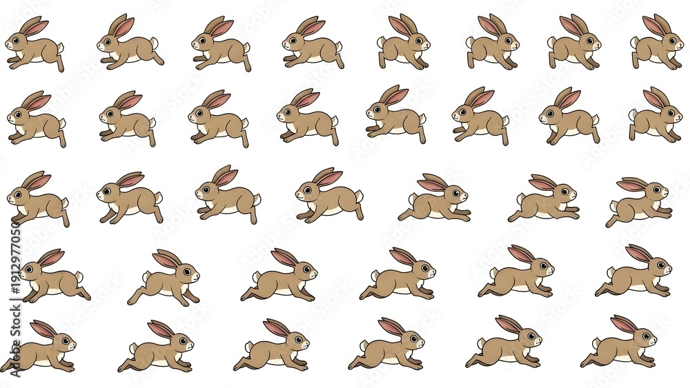 Fototapeta premium Multiple brown rabbits running in various directions against a clean background, captured from a straightforward viewpoint, showcasing repetitive motion eps 9 (56).jpg