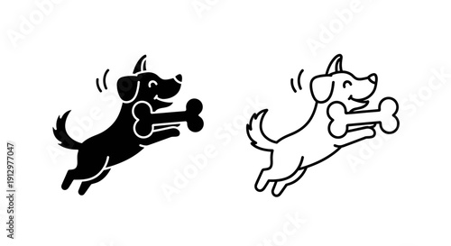 Two dogs running with bones in their mouths, black and white illustration Vector