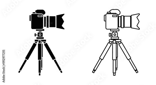 Two cameras on tripods, black and white line art, vintage camera design, photography equipment Vector