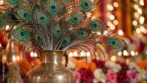 Decorative Peacock Feathers Arranged in an Ornate Golden Vase With a Blurred Background of Warm Bokeh Lights and Colorful Flowers Symbolizing Spirituality and Beauty