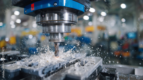CNC milling machine operating on a plastic part, ball endmill tool carving intricate shapes, coolant droplets reflecting light, blurred workshop background emphasizing precision en