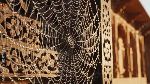 Dew Drops Adorning Intricate Spiderweb on Ornate Wooden Lattice Outdoors Morning Sunlight Golden Hour Soft Bokeh Background
