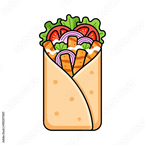 Delicious Cartoon Shawarma Wrap with Grilled Chicken, Lettuce, Tomato, and Onion