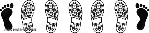 Footprint and Shoe Tread Set: Minimalist Black Silhouettes of Bare Feet and Detailed Boot Sole Outlines
