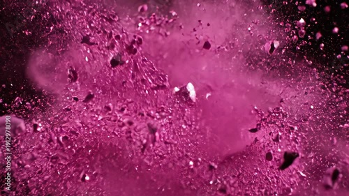 Explosion Of Bright Magenta Pigment Powder Against A Dark Background With Dramatic Lighting And A Chaotic Burst Of Particles Capturing A Dynamic And Energetic Moment