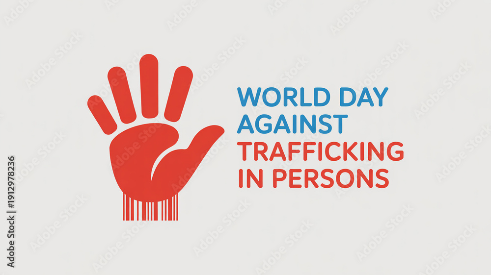 Obraz premium World Day Against Trafficking in Persons logo with red hand and barcode on a light gray background