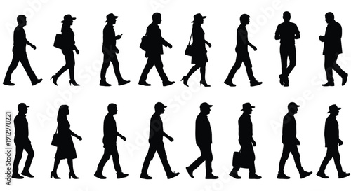 Collection of black silhouettes depicting people walking in various poses and outfits