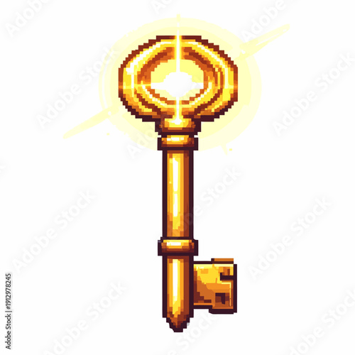 Vibrant pixel art of an antique golden key with intricate details shining brightly