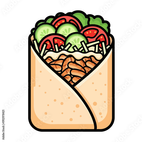 Delicious Shawarma Wrap with Fresh Vegetables and Sauce, Cartoon Style