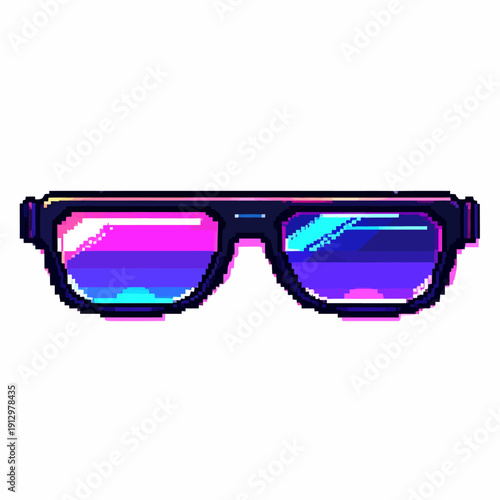 Vibrant pixel art sunglasses with reflective purple and blue lenses viewed from the front