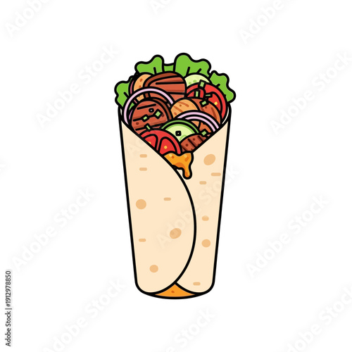 Fresh Shawarma Wrap with Grilled Meat, Vegetables, and Sauce - Flat Icon
