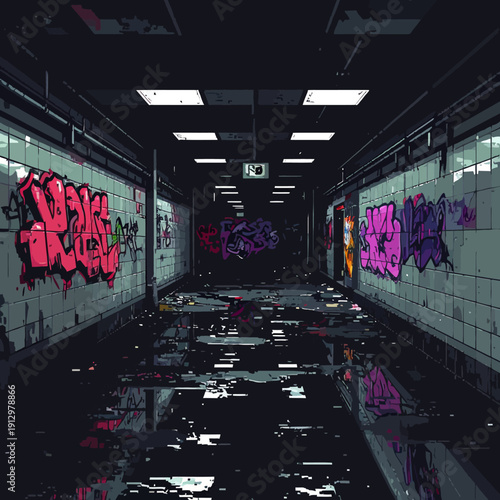 Abandoned corridor with graffiti and water puddles rendered in detailed pixel art style