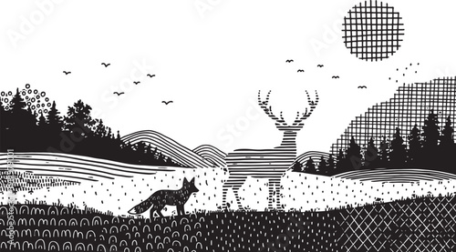 black and white illustration of a wolf and deer in a field