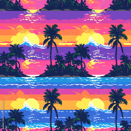 Vibrant pixel art tropical islands with palm trees, sunsets, and serene ocean waves in a repeating pattern