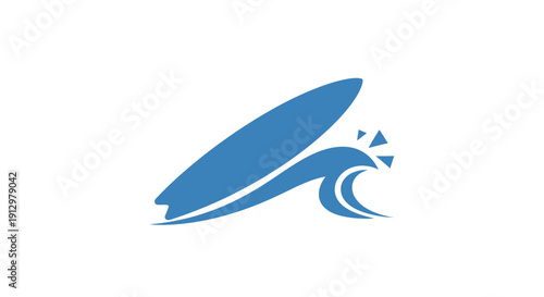 Blue surfboard riding ocean wave.