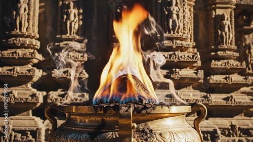 Golden Incense Burner With Bright Flames And Wisps Of Smoke In Front Of Ancient Carved Stone Temple Walls With Detailed Relief Sculptures And Sunlight Casting Shadows And Highlights