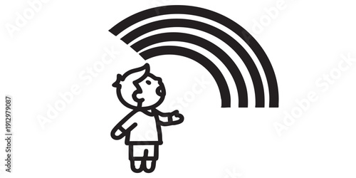 Black and white flat vector icon of a child amazed by a rainbow, minimal outline style, single centered composition, isolated on white background, clean design.