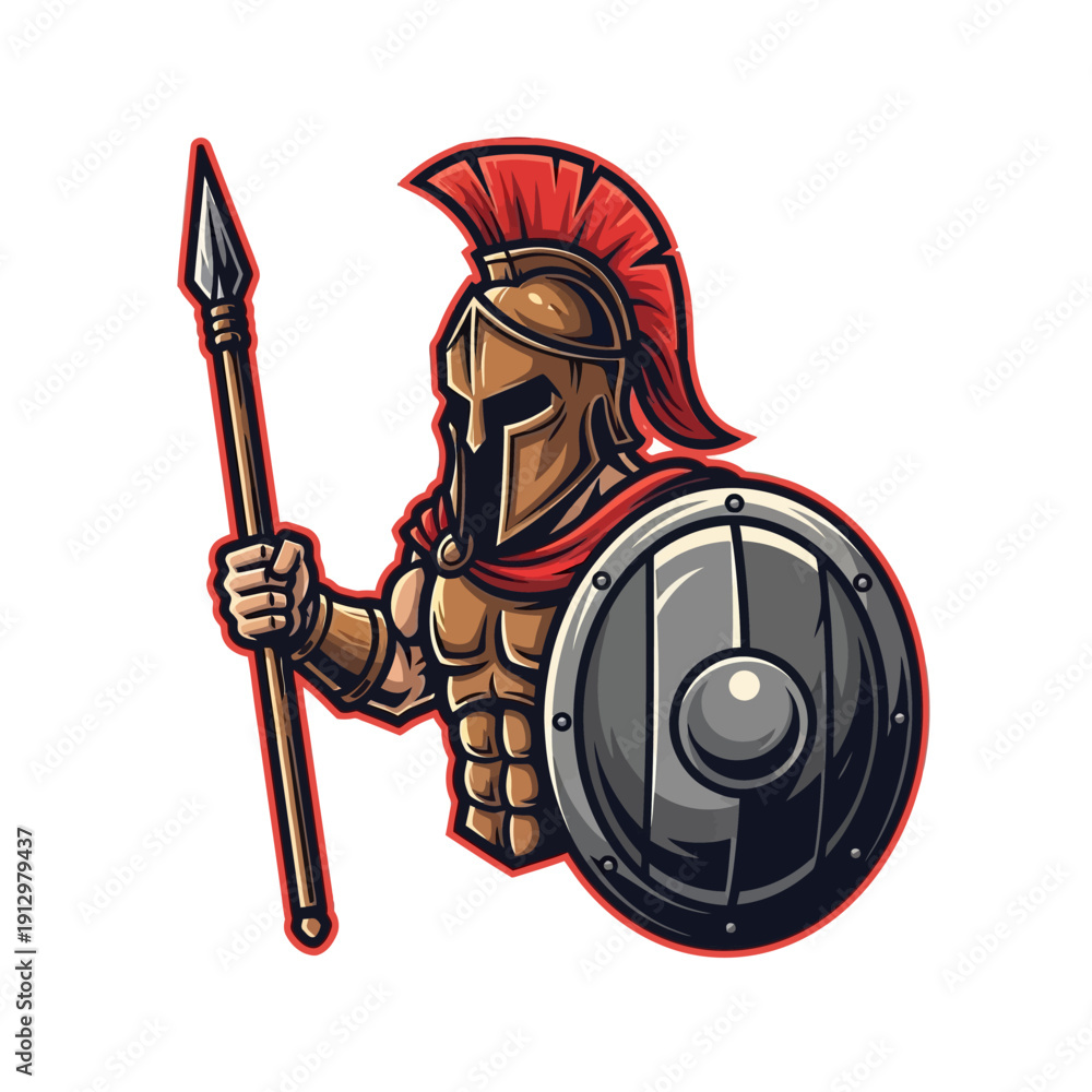 Obraz premium Mascot illustration of a powerful Spartan warrior with spear and shield.