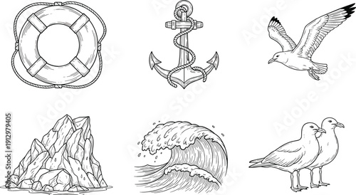 Nautical Line Art Illustration Set with Anchor, Lifebuoy, Seagulls, Ocean Waves, Rock Cliffs, and Hand Drawn Maritime Sketch Vector Elements