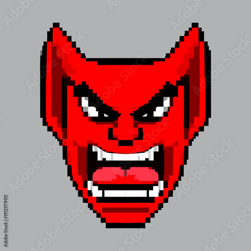 Vibrant pixel art illustration of an angry red devil face with sharp teeth and horns