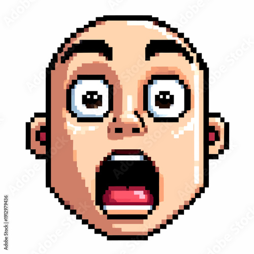 A shocked face in pixel art style with wide eyes and open mouth in a surprised expression