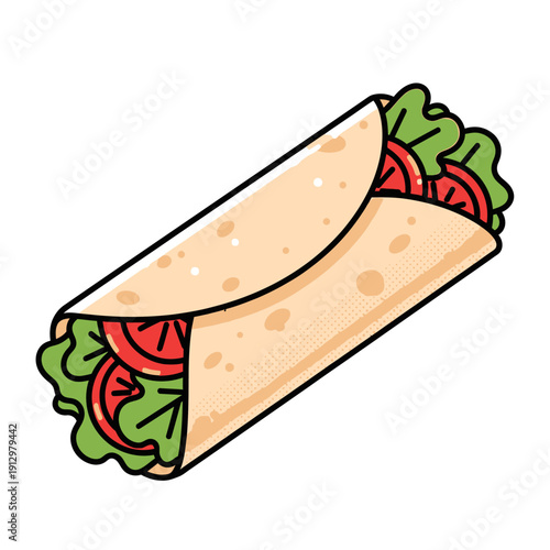 Hand-drawn illustration of a delicious wrap sandwich with lettuce and tomato