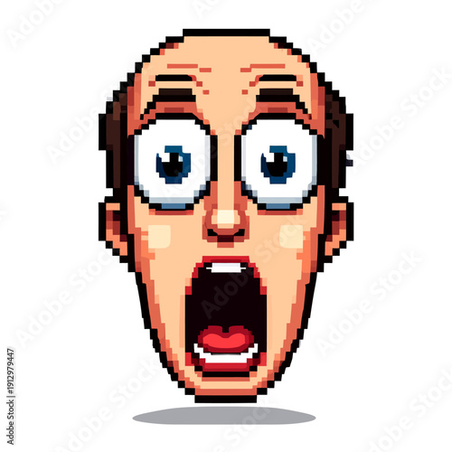 Surprised man with pixel art style, shocked expression, wide eyes, and open mouth, front view portrait