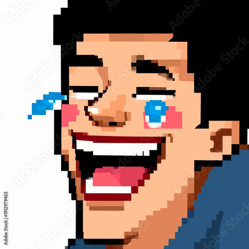 A smiling man with tears of joy, depicted in pixel art style, close-up portrait of a happy person