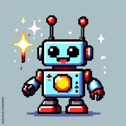 A pixel art robot character with glowing details stands happily with stars around it
